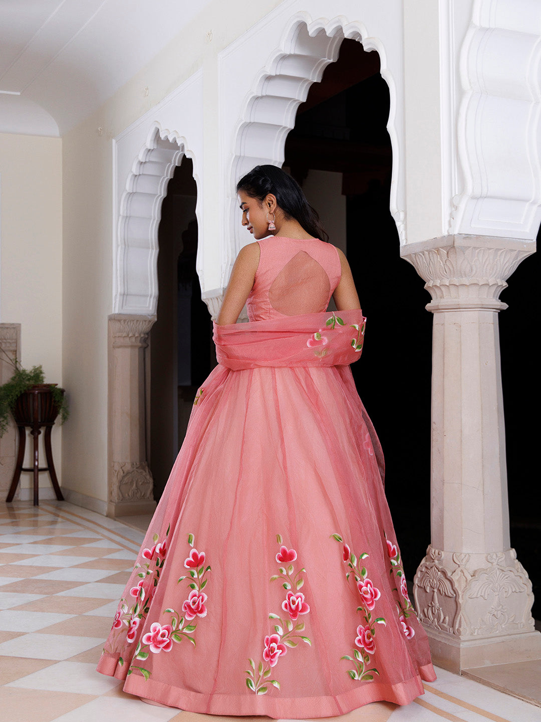 Eleganca in Bloom Pink Handpainted Organza Lehenga Set  - By Ragavi - qivii