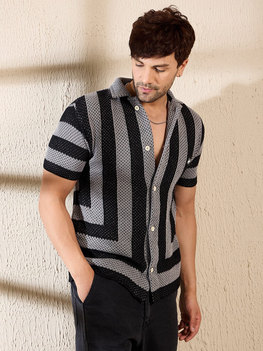 Grey & Black Striped Crotchet Knitted Shirt