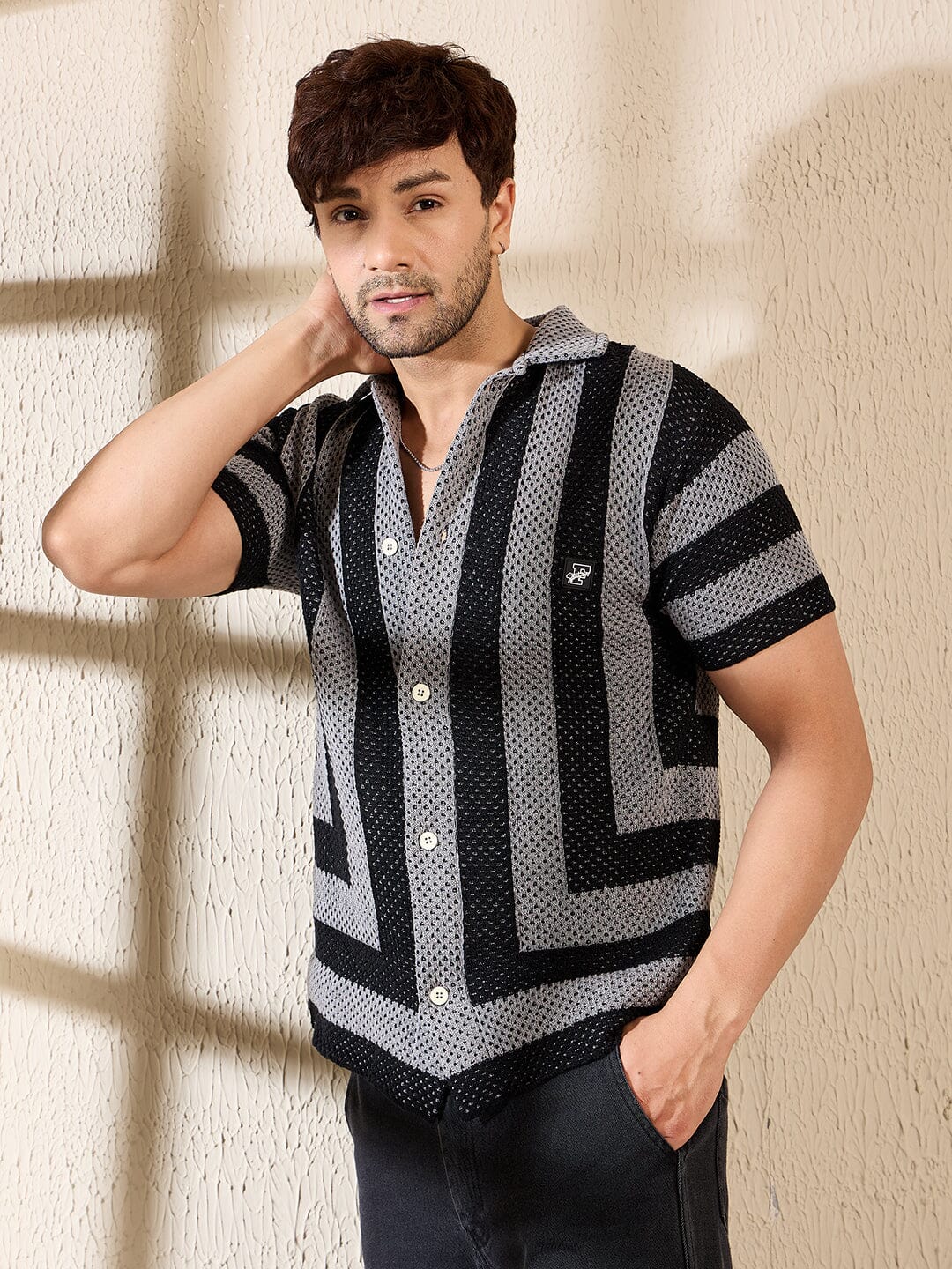 Grey & Black Striped Crotchet Knitted Shirt