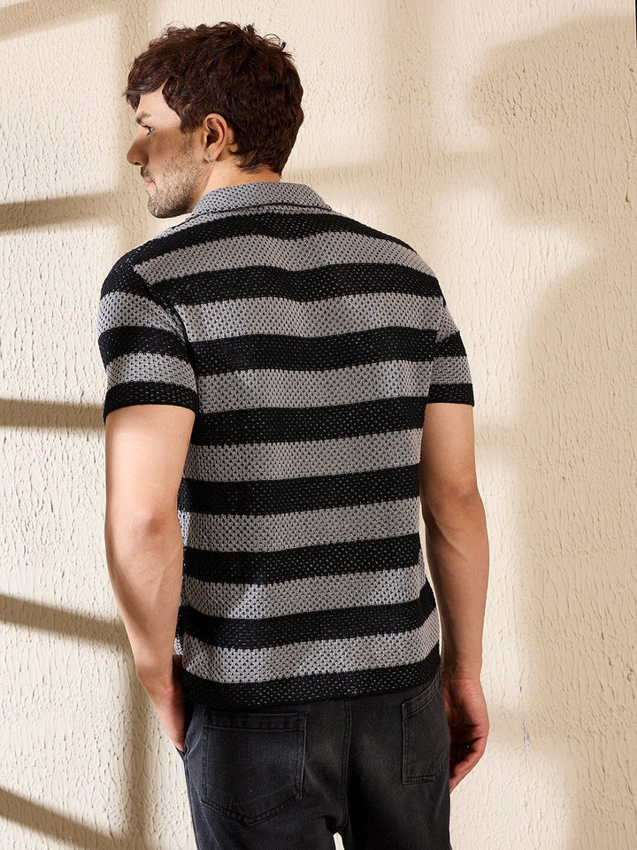 Grey & Black Striped Crotchet Knitted Shirt