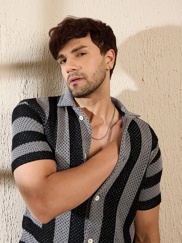 Grey & Black Striped Crotchet Knitted Shirt