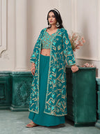 Blue Georgette Indo Western Set With Thread & Sequins Embroidery Work