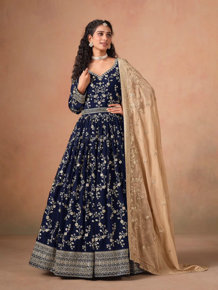 Navy Blue Georgette Embroidery Gown With Organza Dupatta - qivii