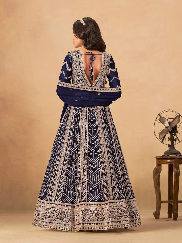Navy Blue Georgette Embroidery Work Gown