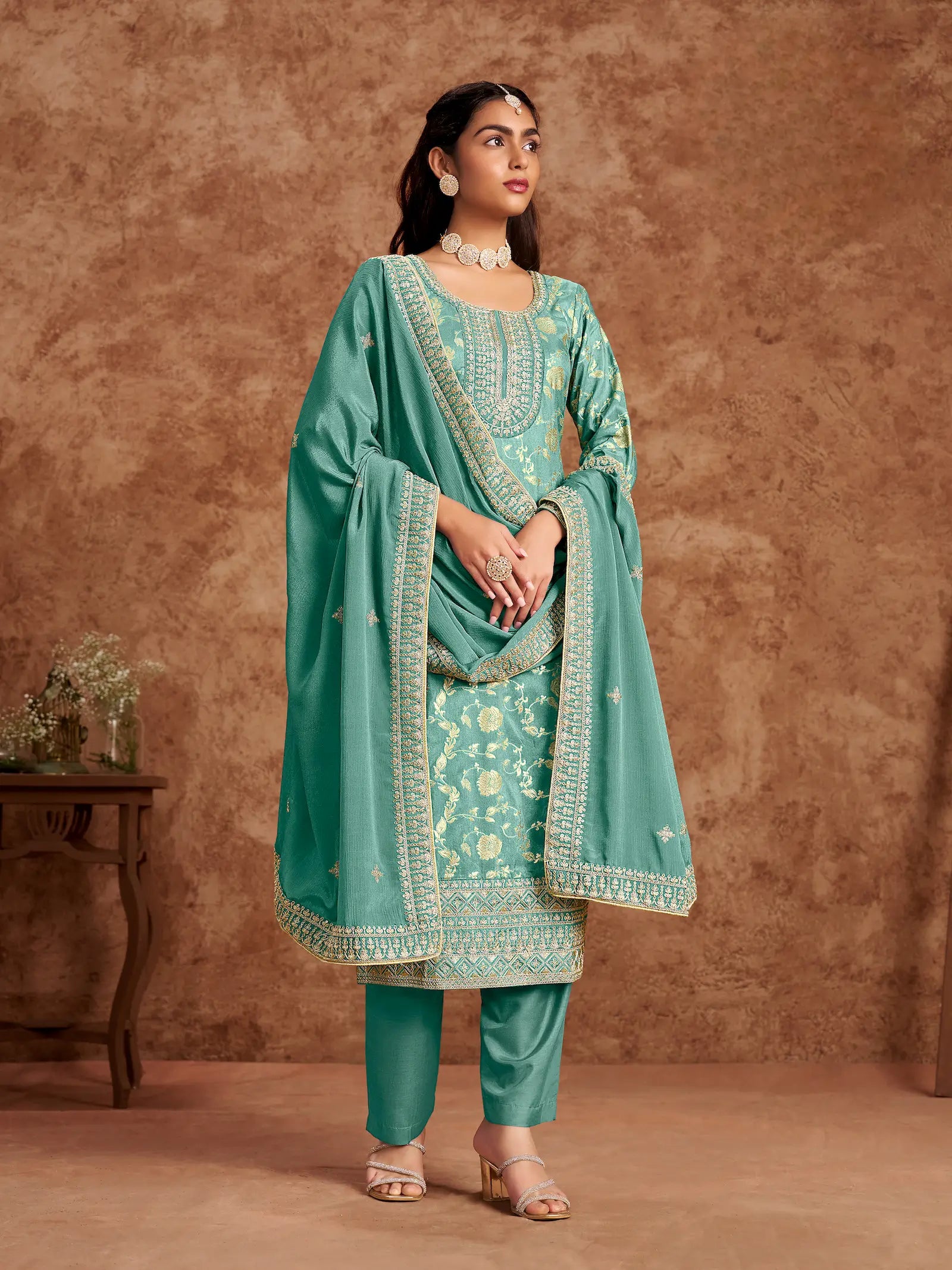Sky Blue Dola Silk Palazzo Salwar Suit With Thread & Sequins Embroidery Work