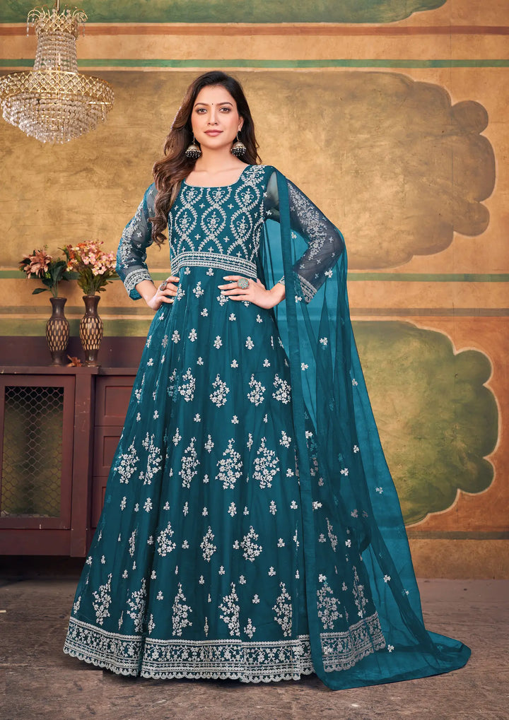 Teal Blue Net Gown With Zari & Thread Embroidery Work - qivii