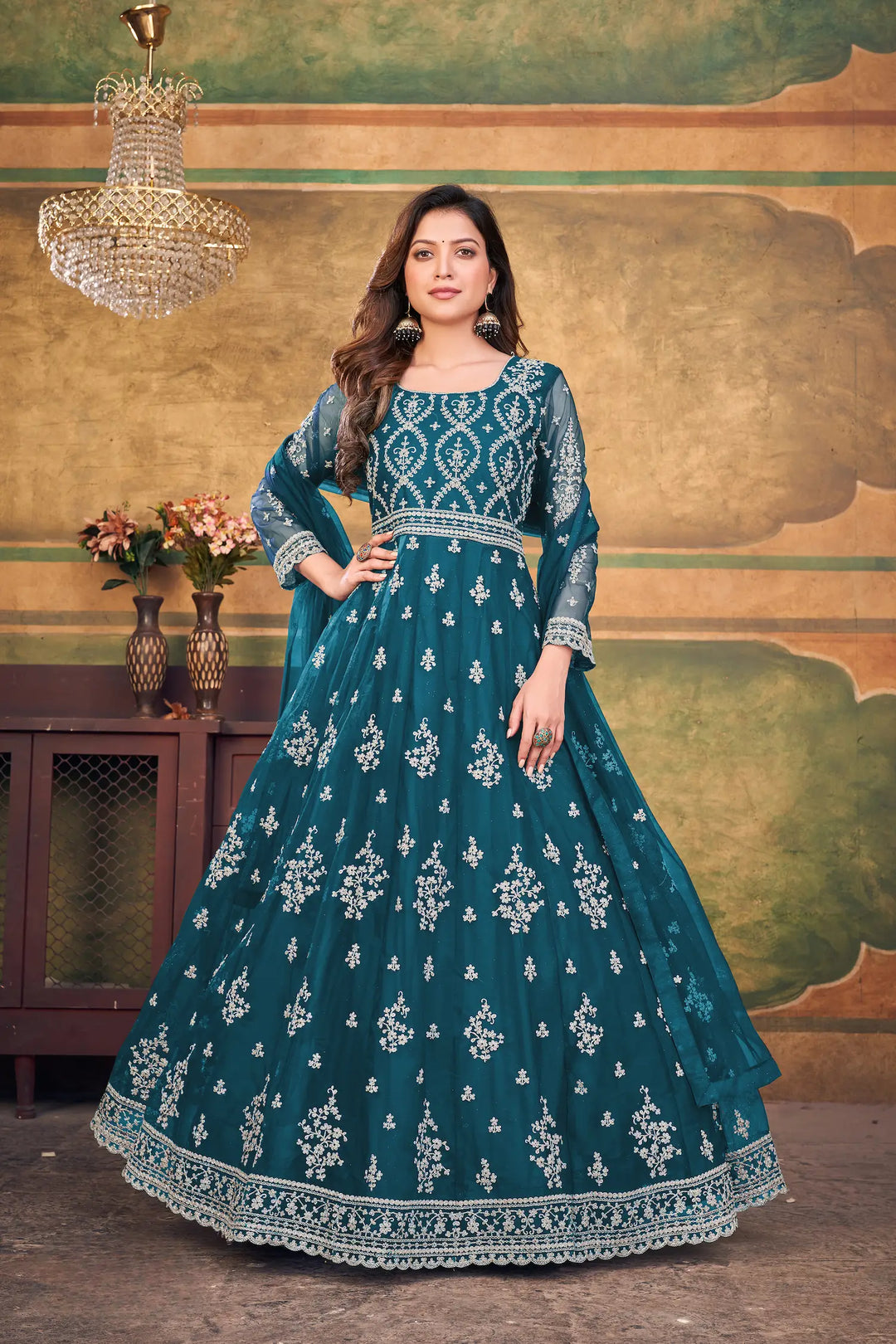 Teal Blue Net Gown With Zari & Thread Embroidery Work - qivii