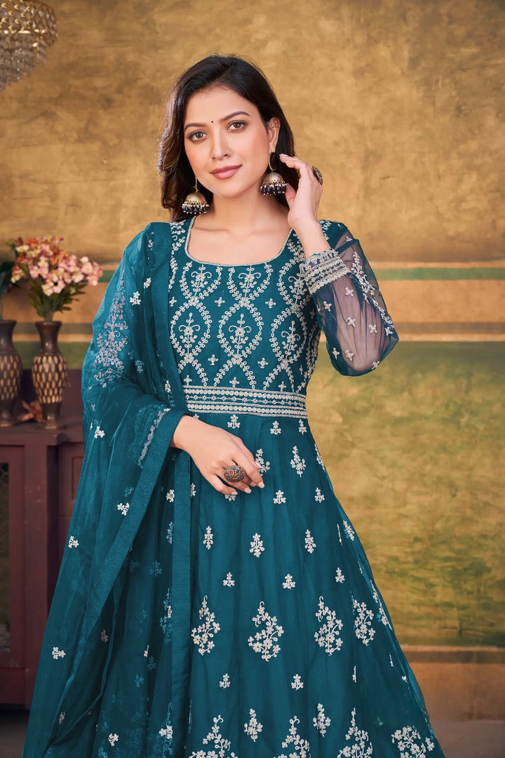 Teal Blue Net Gown With Zari & Thread Embroidery Work - qivii