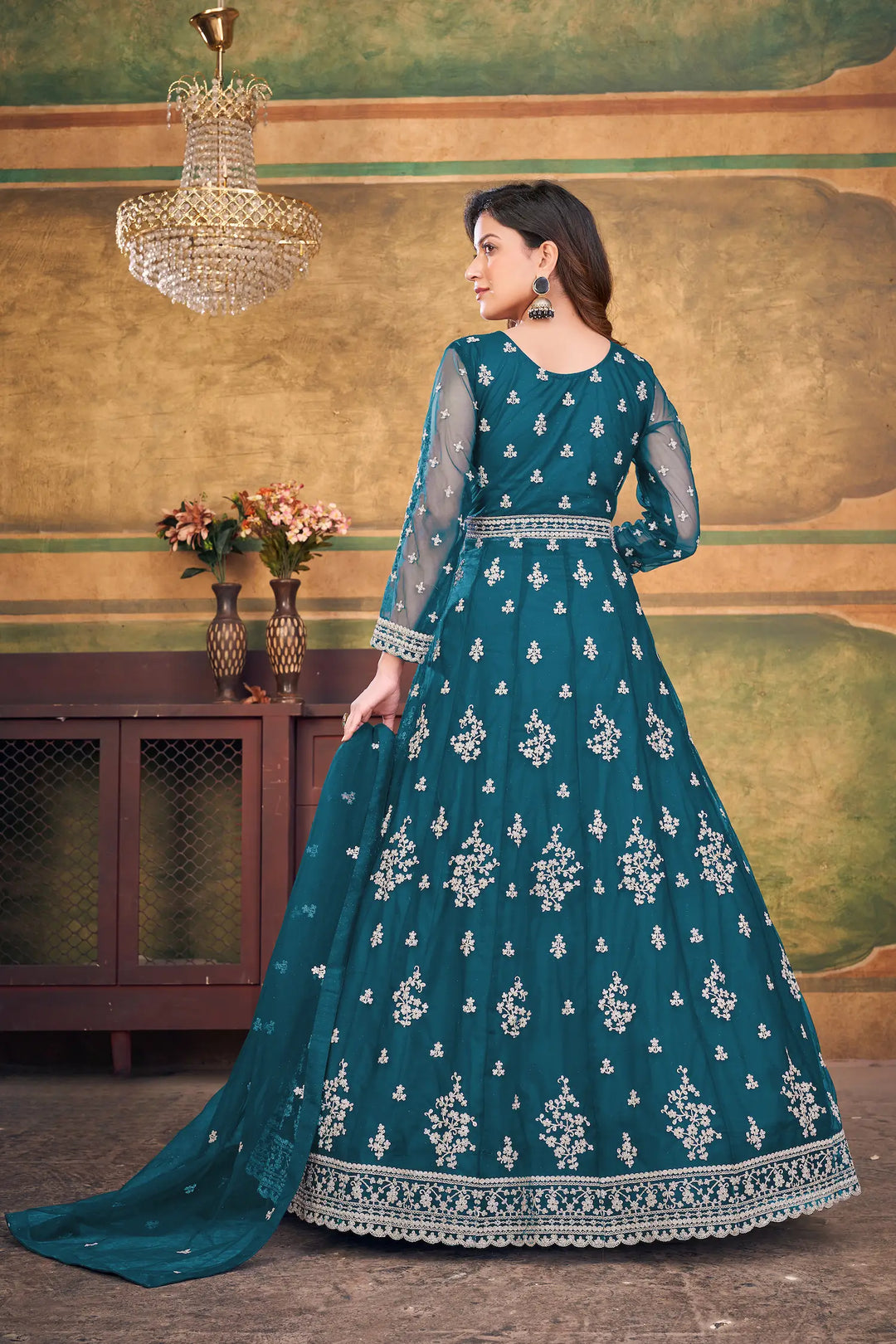 Teal Blue Net Gown With Zari & Thread Embroidery Work - qivii