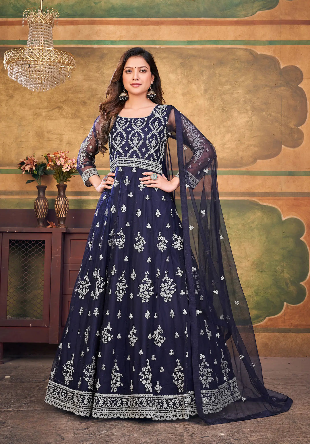 Navy Blue Net Gown With Zari & Thread Embroidery Work - qivii