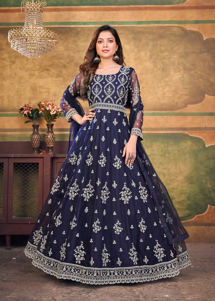 Navy Blue Net Gown With Zari & Thread Embroidery Work - qivii
