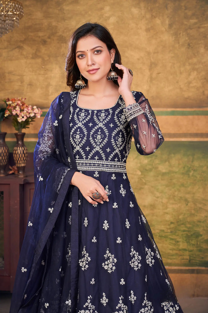Navy Blue Net Gown With Zari & Thread Embroidery Work - qivii