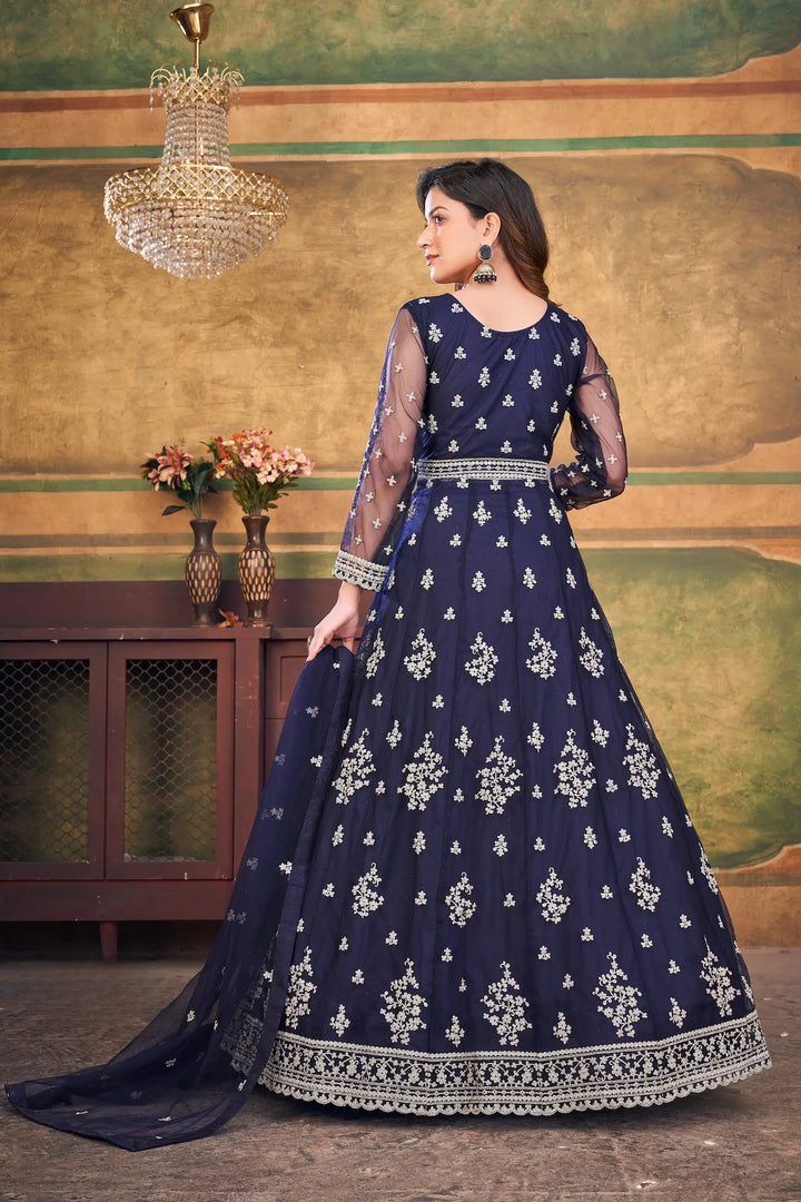 Navy Blue Net Gown With Zari & Thread Embroidery Work - qivii