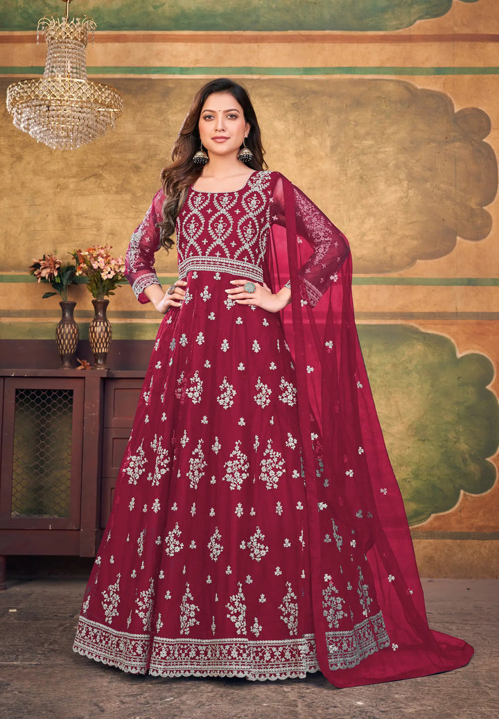 Red Net Gown With Zari & Thread Embroidery Work - qivii