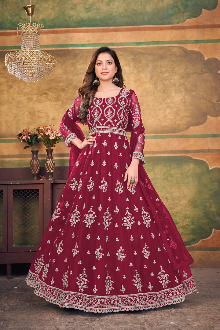 Red Net Gown With Zari & Thread Embroidery Work - qivii