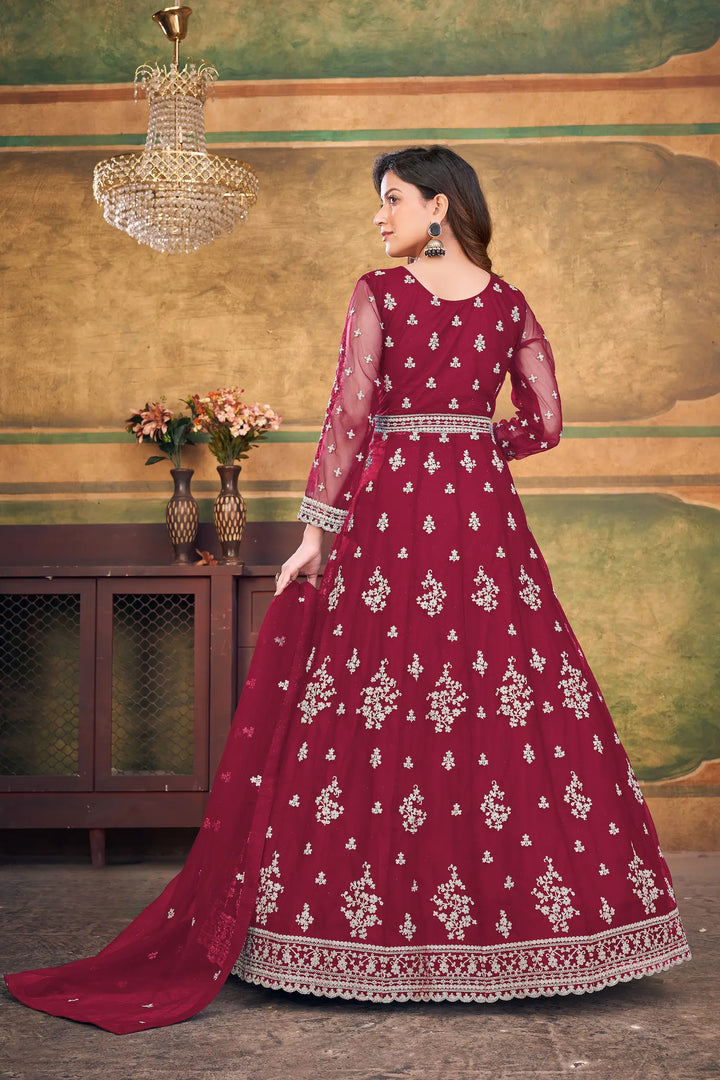 Red Net Gown With Zari & Thread Embroidery Work - qivii