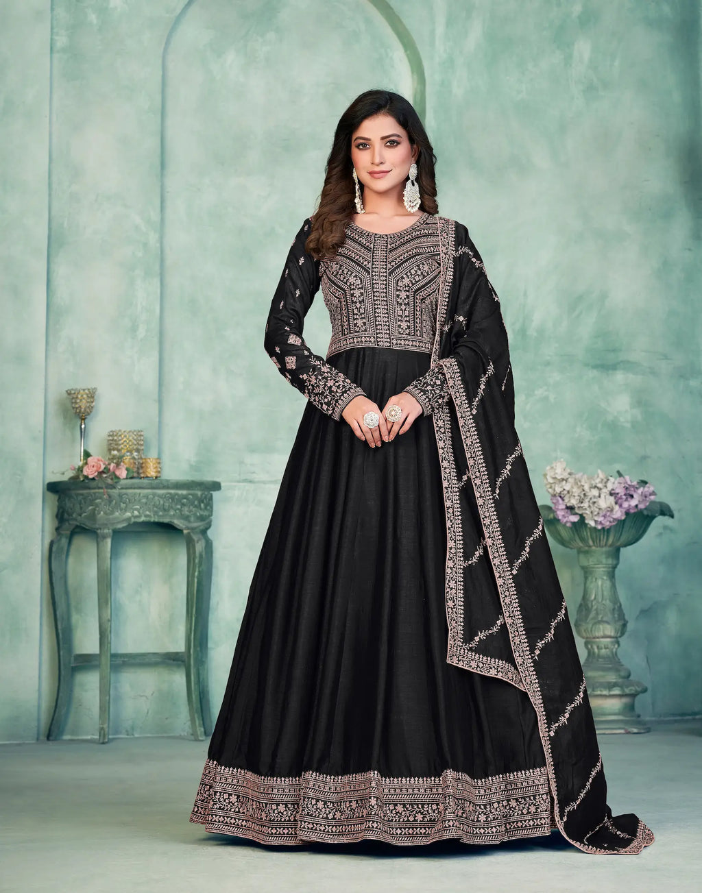 Black Art Silk Gown With Zari & Thread Embroidery Work