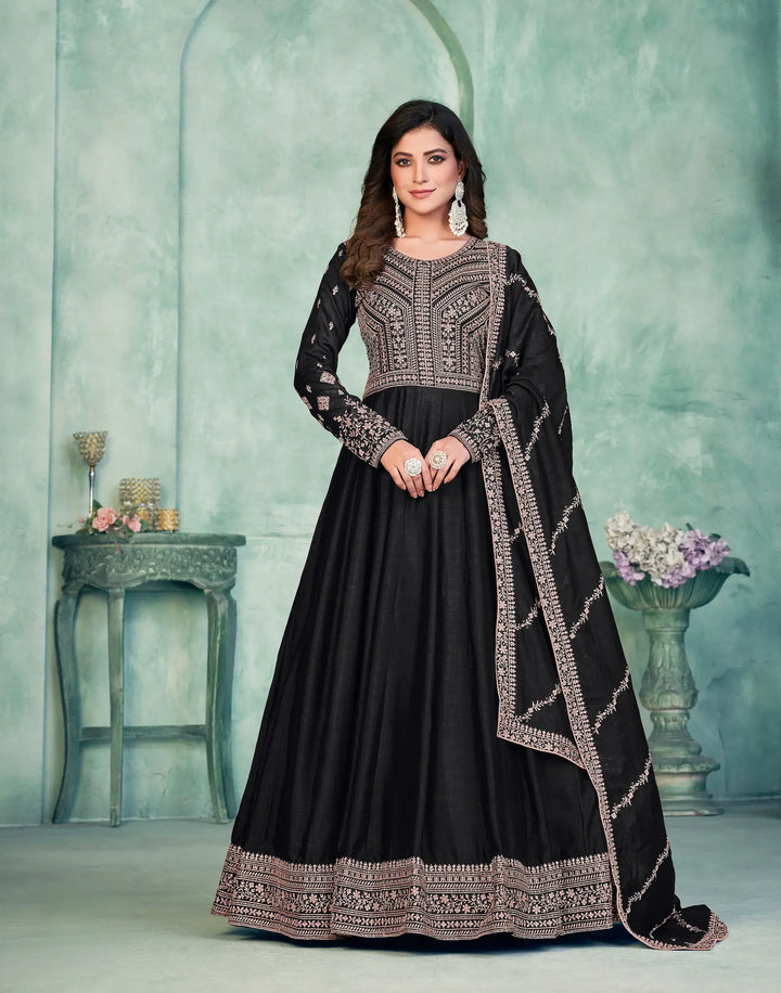 Black Art Silk Gown With Zari & Thread Embroidery Work - qivii
