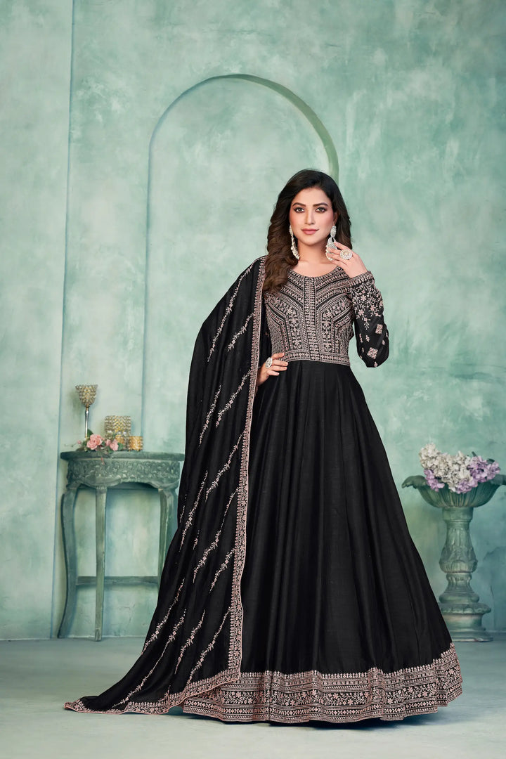 Black Art Silk Gown With Zari & Thread Embroidery Work - qivii