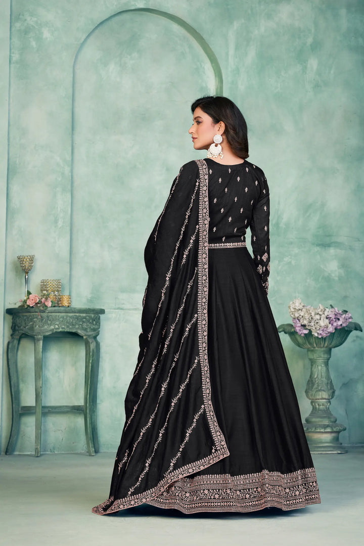 Black Art Silk Gown With Zari & Thread Embroidery Work - qivii