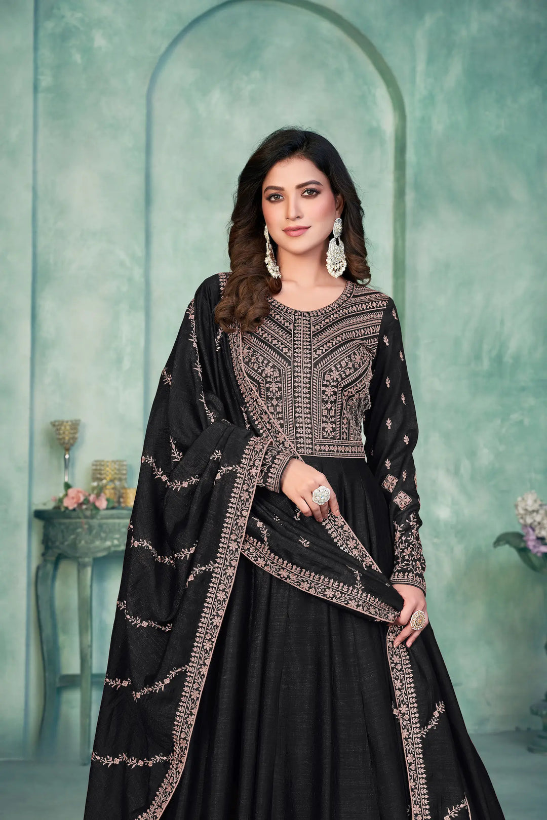 Black Art Silk Gown With Zari & Thread Embroidery Work - qivii