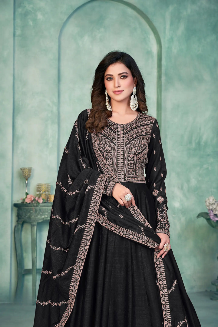 Black Art Silk Gown With Zari & Thread Embroidery Work - qivii