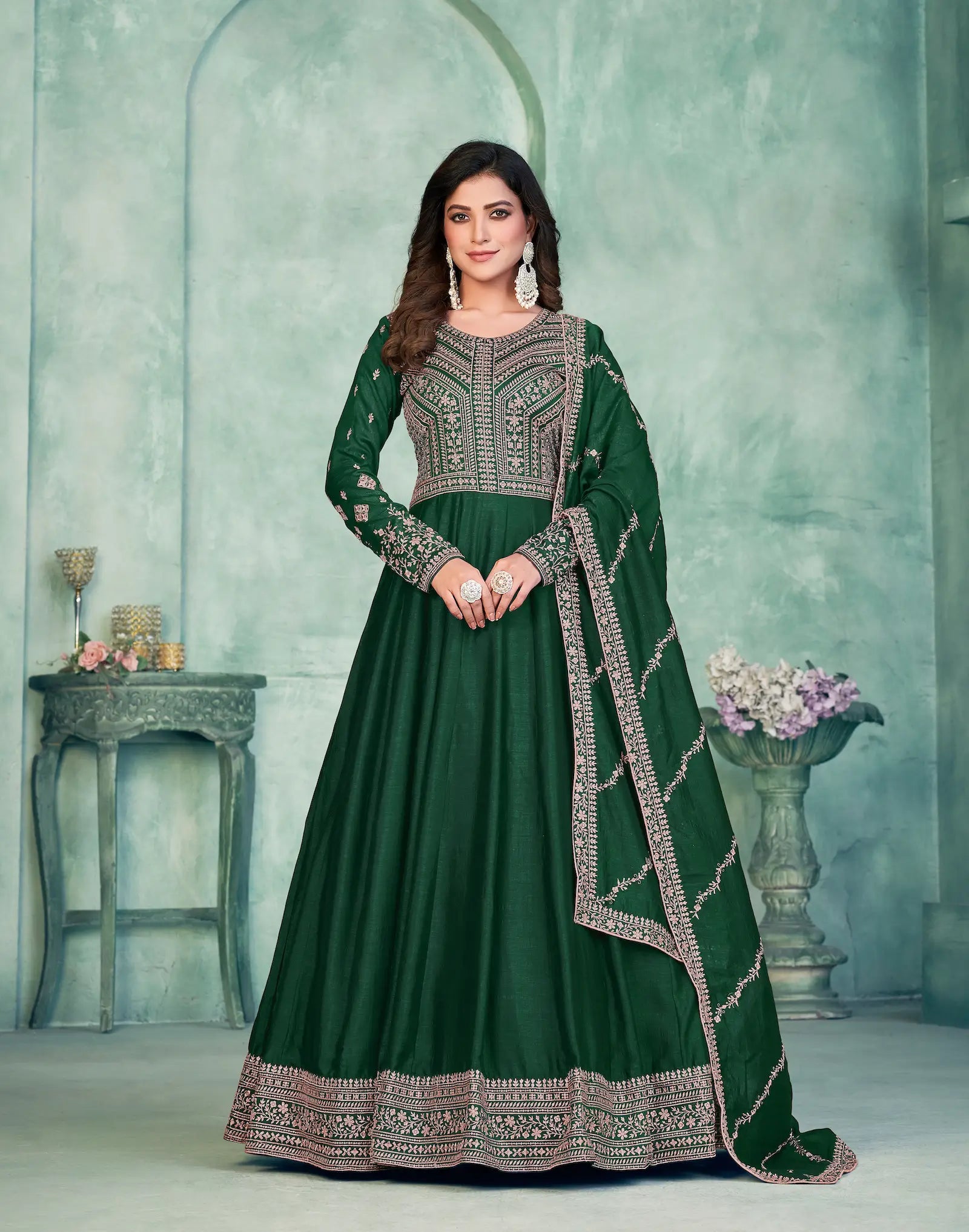 Green Art Silk Gown With Zari & Thread Embroidery Work