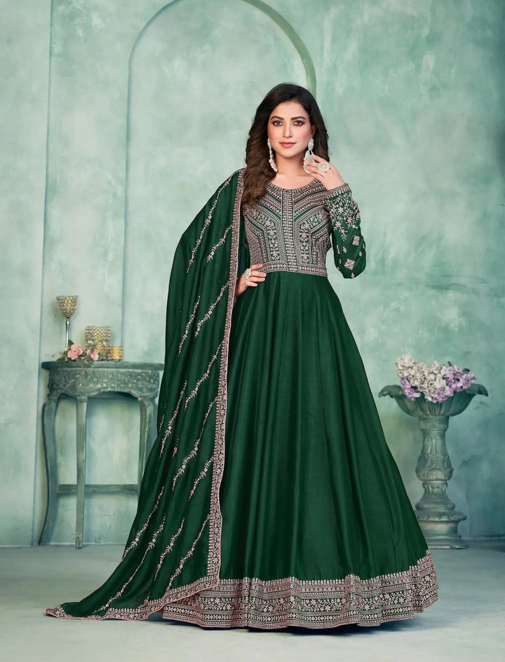 Green Art Silk Gown With Zari & Thread Embroidery Work - qivii