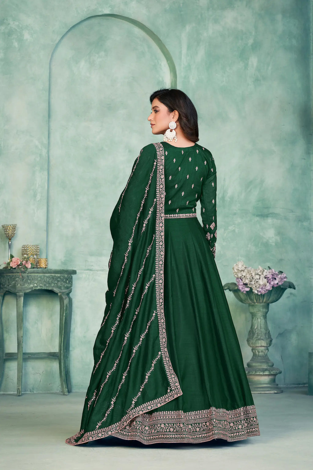Green Art Silk Gown With Zari & Thread Embroidery Work
