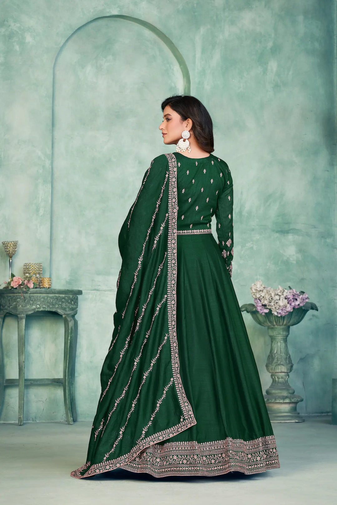 Green Art Silk Gown With Zari & Thread Embroidery Work - qivii