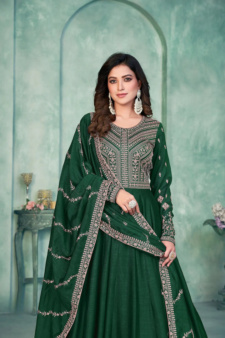 Green Art Silk Gown With Zari & Thread Embroidery Work - qivii