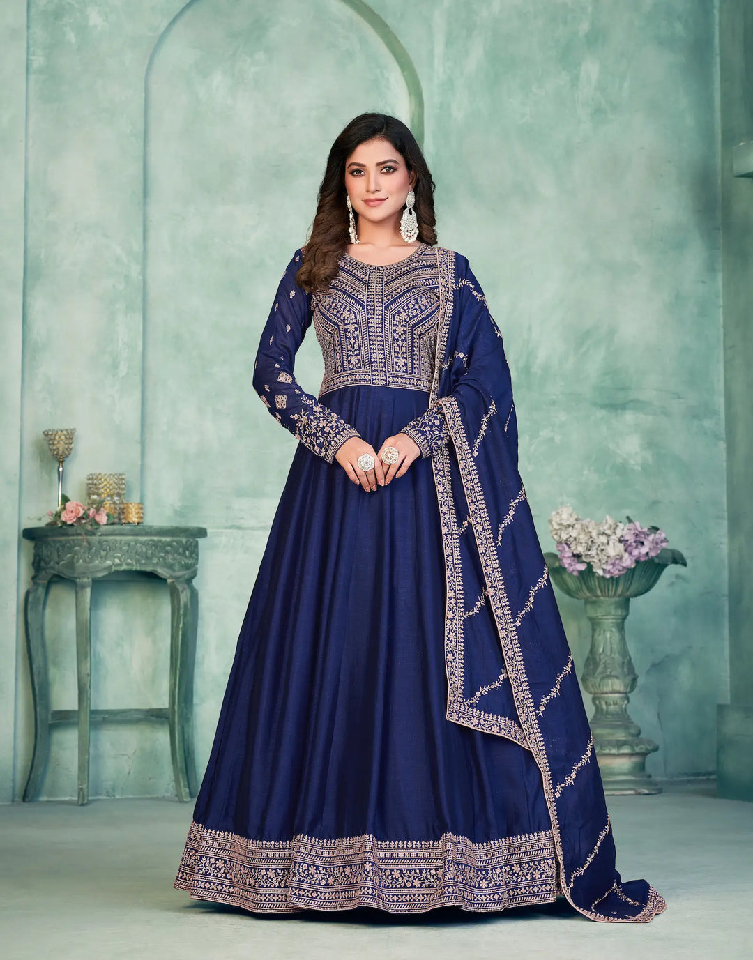 Blue Art Silk Gown With Zari & Thread Embroidery Work - qivii