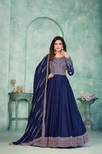 Blue Art Silk Gown With Zari & Thread Embroidery Work