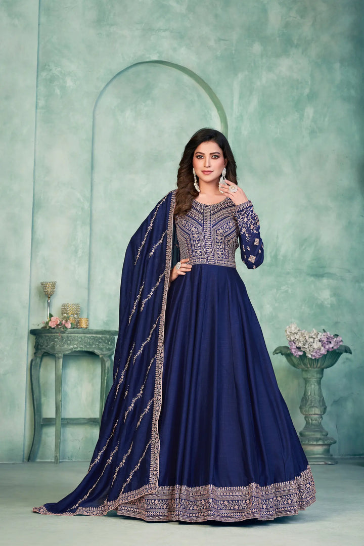 Blue Art Silk Gown With Zari & Thread Embroidery Work - qivii