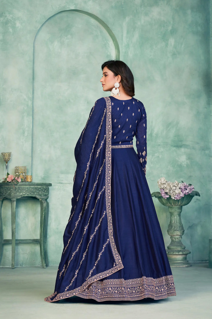 Blue Art Silk Gown With Zari & Thread Embroidery Work - qivii