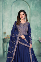 Blue Art Silk Gown With Zari & Thread Embroidery Work