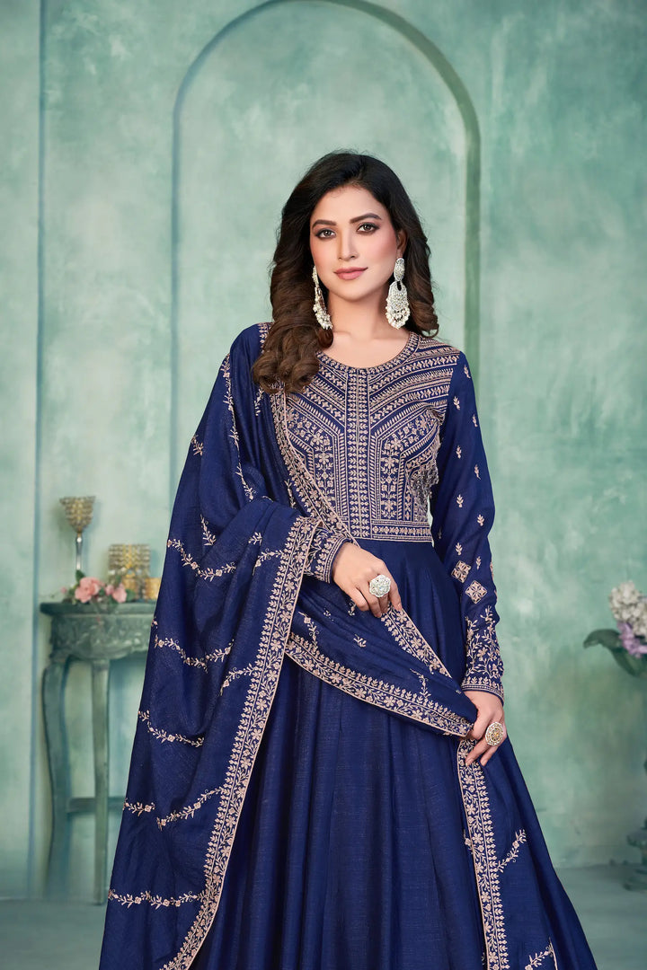 Blue Art Silk Gown With Zari & Thread Embroidery Work - qivii