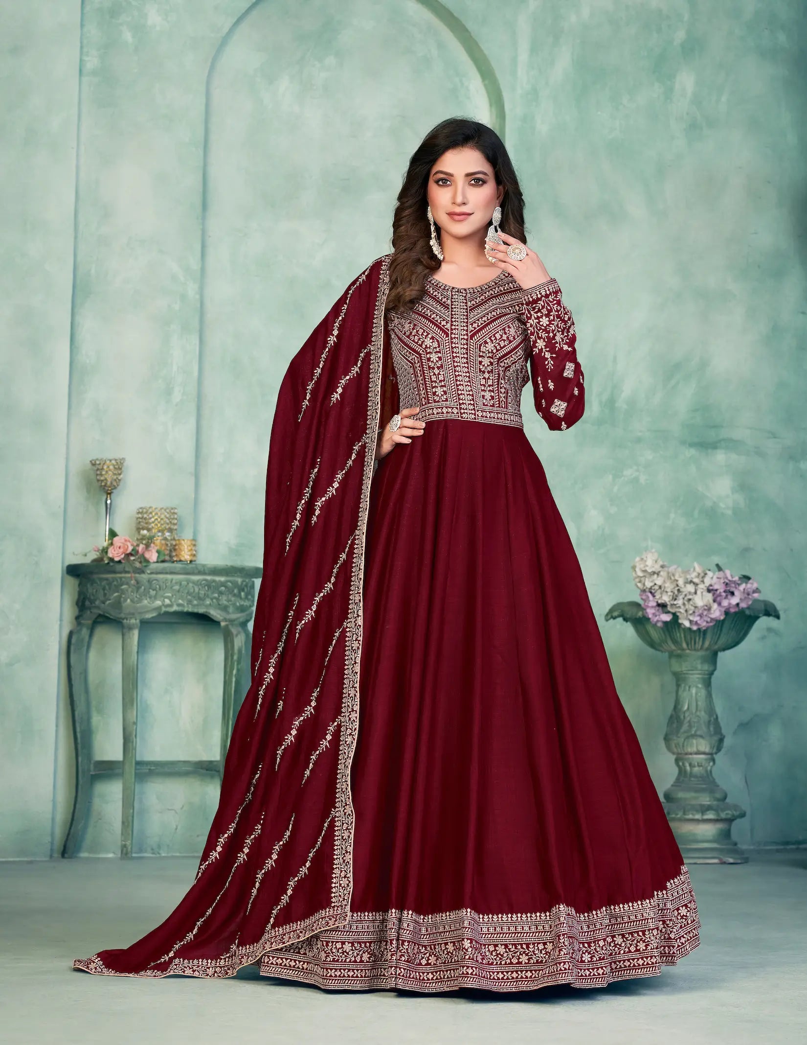 Red Art Silk Gown With Zari & Thread Embroidery Work