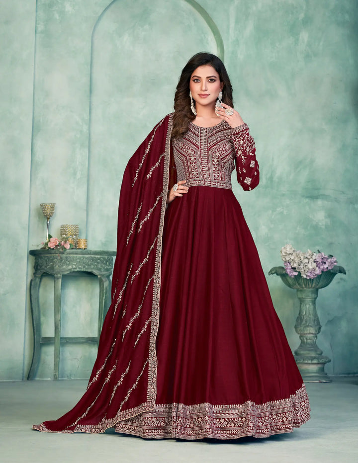Red Art Silk Gown With Zari & Thread Embroidery Work - qivii