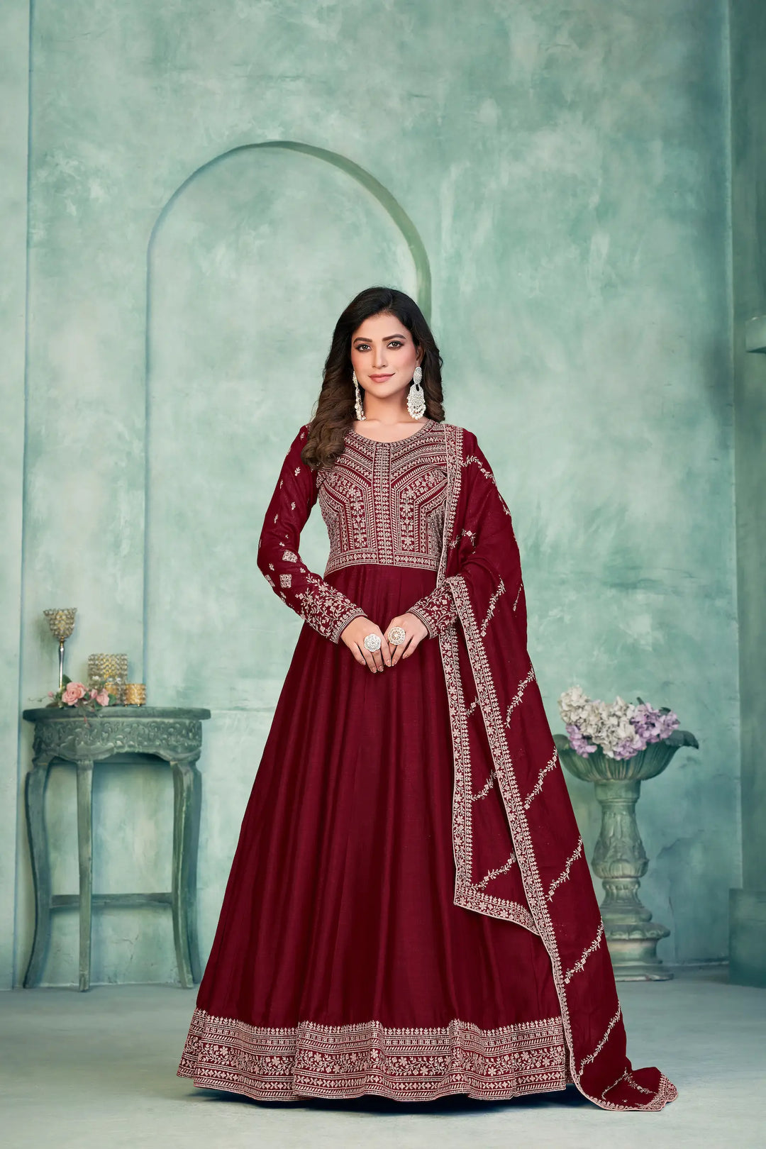 Red Art Silk Gown With Zari & Thread Embroidery Work - qivii