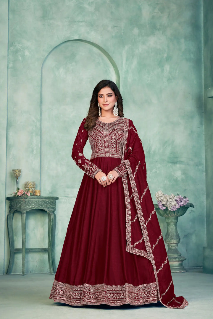 Red Art Silk Gown With Zari & Thread Embroidery Work - qivii