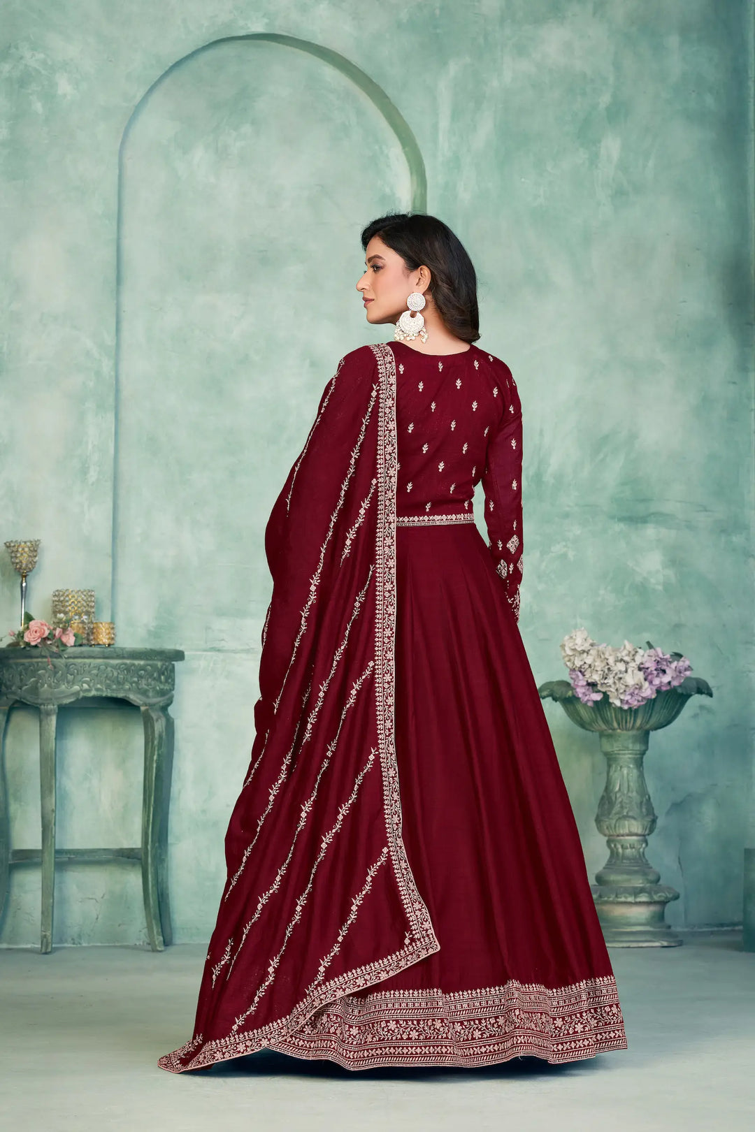 Red Art Silk Gown With Zari & Thread Embroidery Work - qivii