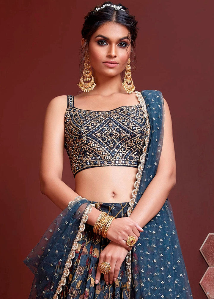 Dark Blue Floral Printed Chinon Silk Lehenga Choli with Sequins & Mirror work : Top Pick | Ready To Wear - qivii