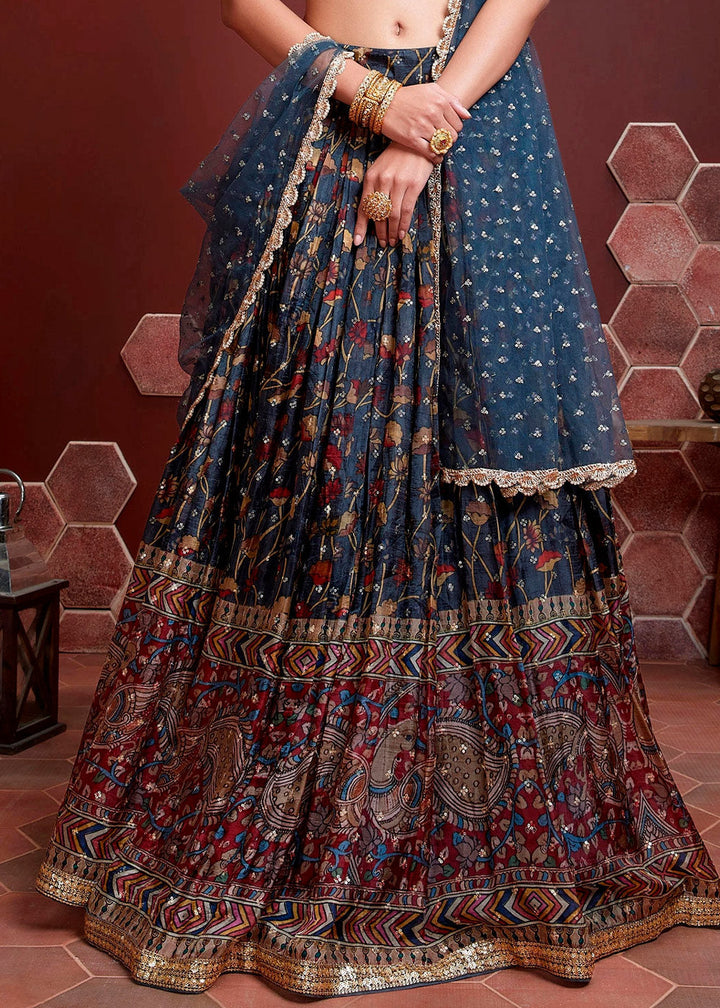 Dark Blue Floral Printed Chinon Silk Lehenga Choli with Sequins & Mirror work : Top Pick | Ready To Wear - qivii