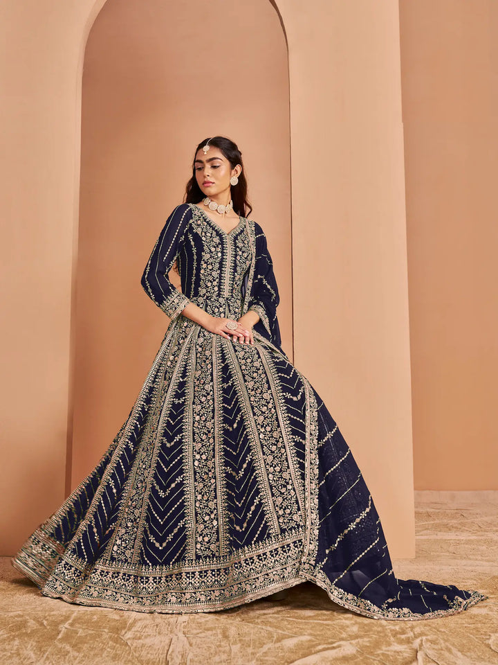 Navy Blue Georgette Gown With Sequence & Thread Embroidery Work - qivii