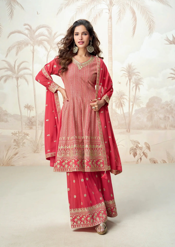 Pastel Red Georgette Embroidery Work Palazzo Suit - qivii