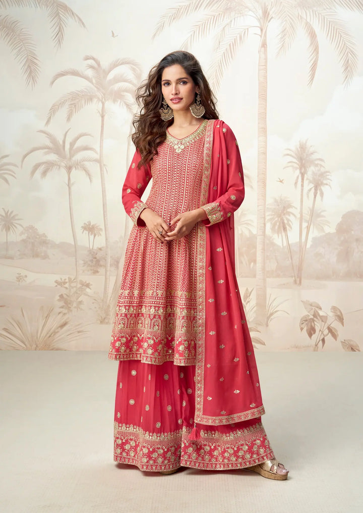 Pastel Red Georgette Embroidery Work Palazzo Suit - qivii