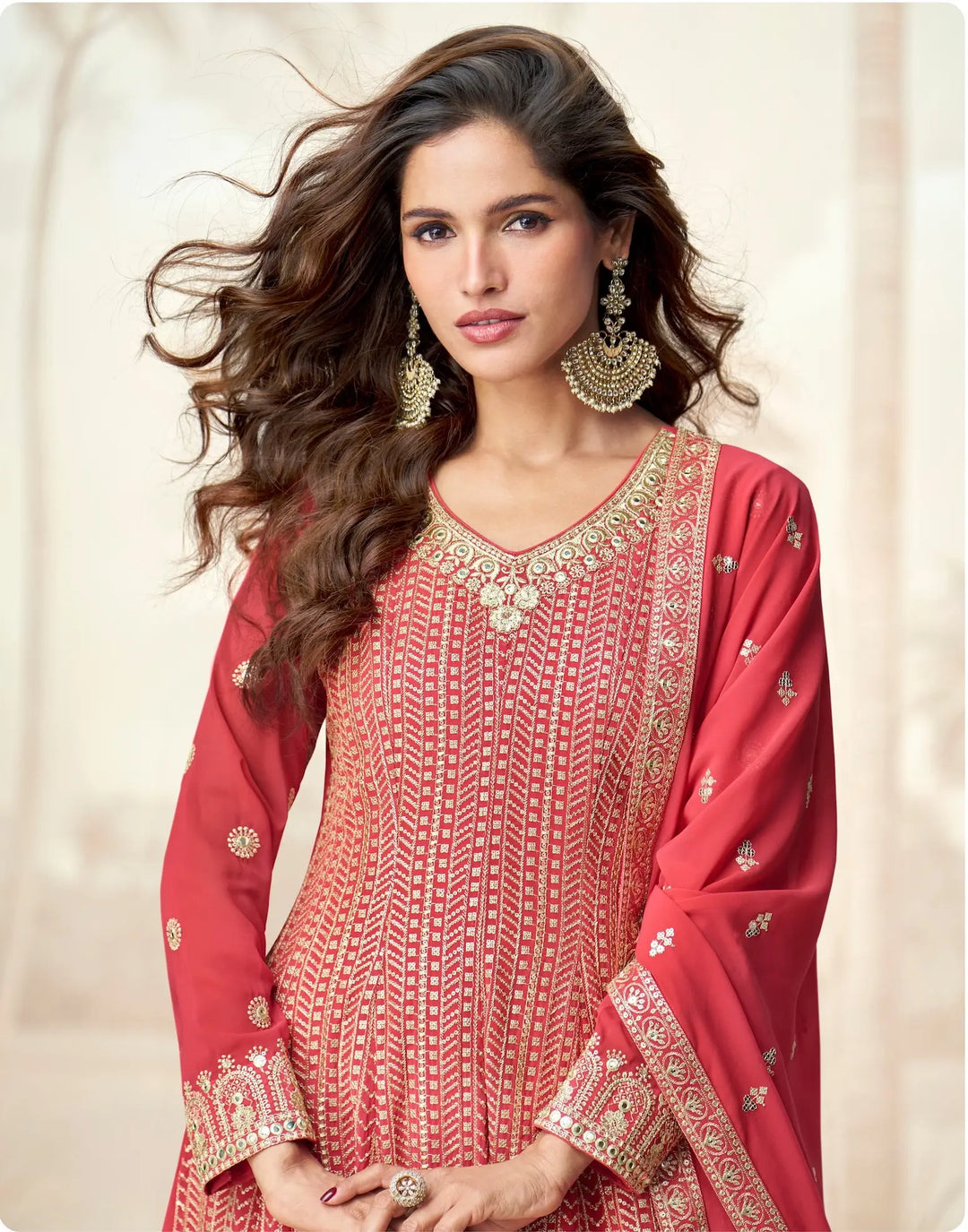 Pastel Red Georgette Embroidery Work Palazzo Suit - qivii