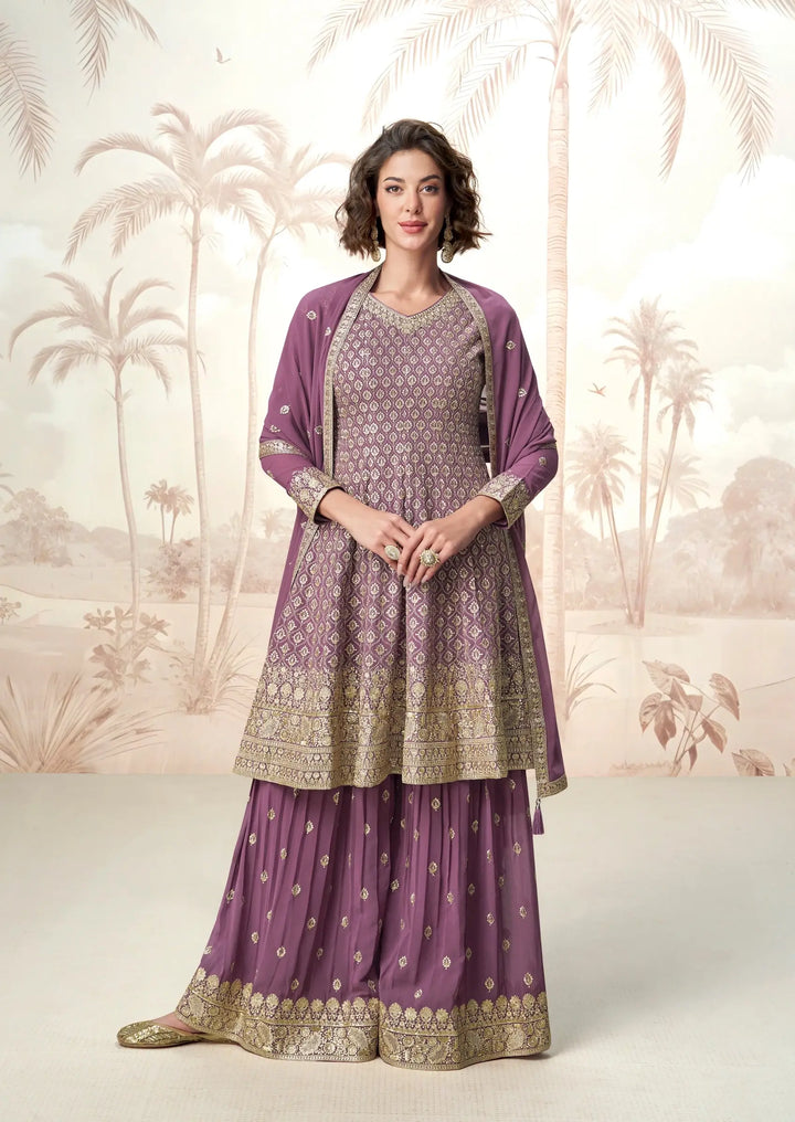 Dusty Purple Georgette Embroidery Work Palazzo Suit - qivii