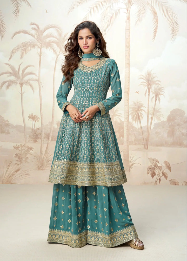 Greyish Teal Georgette Embroidery Work Palazzo Suit - qivii